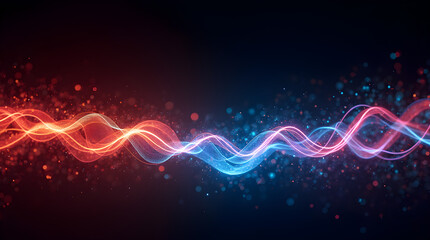 Abstract digital art of intertwined red and blue light waves glowing against a dark background, symbolizing energy flow, technology, and futuristic motion.