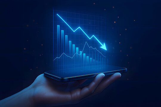 Hand holding smartphone displaying downward trending blue financial graph