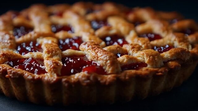 Freshly baked cherry pie with golden lattice crust, evokes warmth and comfort, ideal for Thanksgiving or festive gatherings, detailed texture of pastry