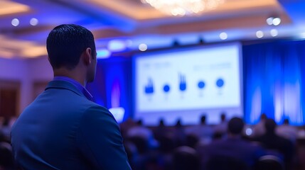 96. Investment seminar presenter with graphs in background