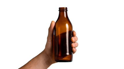 Hand grab brown bottle isolated transparent background