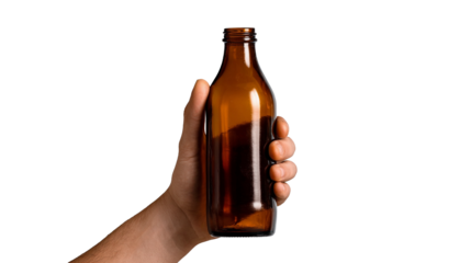 Hand grab brown bottle isolated transparent background