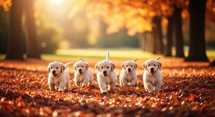 A litter of adorable yellow Labrador Retriever puppies running through colorful autumn leaves. Five playful dogs enjoying a sunny day in a park.