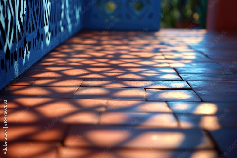 Poster intricate blue lattice casts geometric shadows on terracotta tiles, creating a captivating interplay