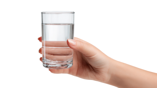Hand hold glass of water isolated transparent background