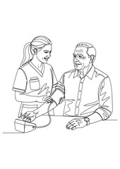 A nurse measures a senior man's blood pressure.