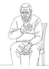 A senior man is having a heart attack while sitting on a chair.