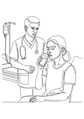 A doctor gives a patient a glass of water in a hospital.