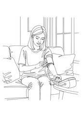 A young woman is measuring her own blood pressure at home.