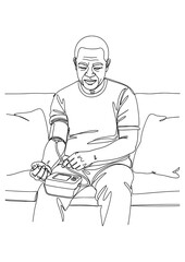 An elderly man is measuring his own blood pressure at home.