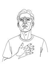 A man with a pained expression holds his chest, indicating heart pain.