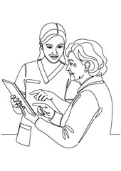 A nurse shows a senior woman her medical data on a tablet.