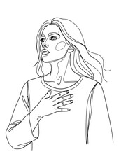 A woman with a pained expression holds her chest, indicating heart pain.