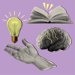 Halftone collage with brain,hand holding light bulb and open book,smart thinking concept,trendy collage elements
