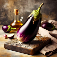 eggplant on table in rustic style, still life eggplant various ingredients