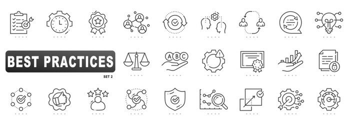 Editable stroke line icons depicting best practices for compliance and security workflows, showcasing process improvement, collaboration, performance analysis