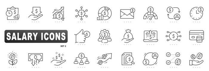 Line salary icon set covering payroll, wage, income, compensation, bonus, raise, analytics, overtime, payslip, approval, deposit, secure payout, report, vector
