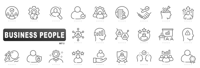 Business people outline icons for leadership, management, recruitment, partnership, training, analytics, security, certification, team, growth, editable stroke, performance, strategy, vector