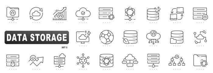 Outline data storage icons featuring cloud, database, server backup, sync, migration, replication, security, analytics, scalability, multicloud, monitoring, versioning, compliance dashboard