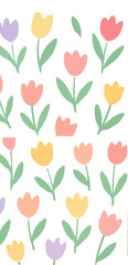 A vibrant pattern featuring colorful, stylized tulips arranged on a white background.
