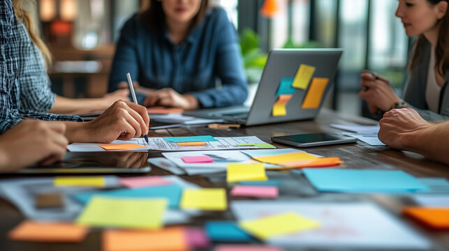 a creative marketing team brainstorming around a table with sticky notes and laptops