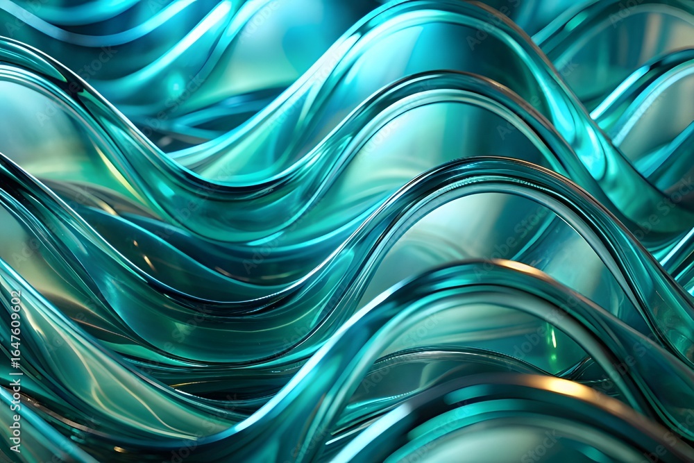 Poster abstract flowing waves of glossy teal and aqua colored material with a metallic sheen, creating a se