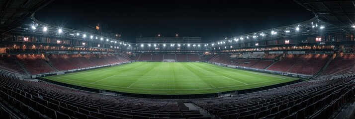 Empty football stadium illuminated at night with pristine green pitch and well-maintained stands