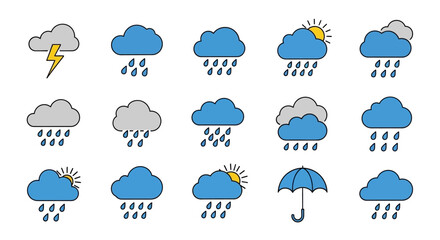 Colorful flat weather forecast icon set featuring rain, clouds, sun, lightning, and an umbrella.