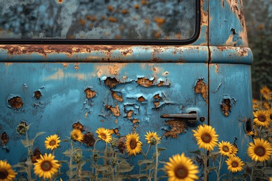 Fototapeta Rusty teal vintage car with peeling paint, surrounded by blooming sunflowers.