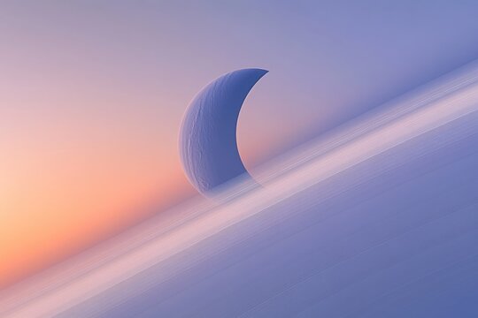 Crescent moon-like celestial body above pastel clouds during sunrise or sunset, creating a serene and ethereal scene.