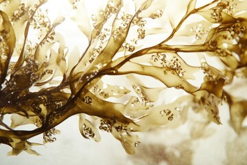 Close-up of delicate brown seaweed, intricate branching pattern, underwater scene.