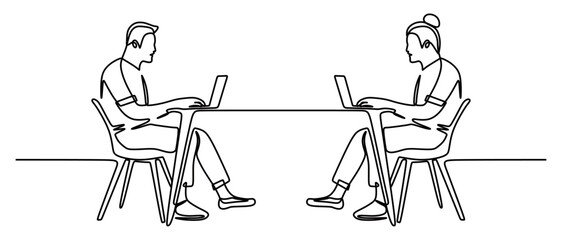 Continuous line art of a man and a woman sitting and working in front of a laptop. Office worker concept. Team worker concept