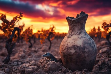 A lizard hides near a broken clay pot in a vineyard at sunset, showcasing the beauty of nature and the passage of time.