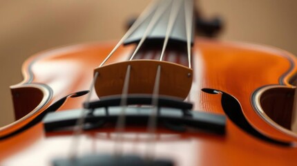 Fototapeta premium Close up of a cello strings in sharp focus body blurred Fhole visible