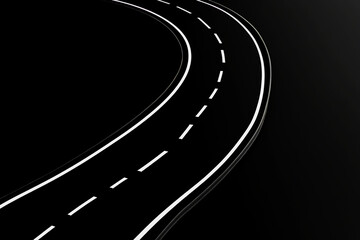 Curving asphalt road with white lane markings on a dark background