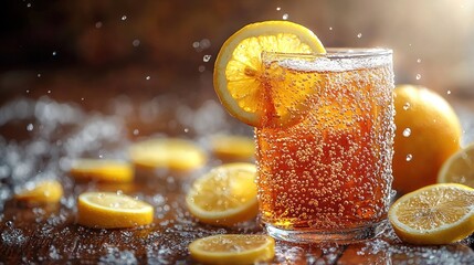 Refreshing iced drink with lemon.  A tall glass of fizzy, amber-colored beverage, garnished with a lemon slice, sits on a wooden surface.