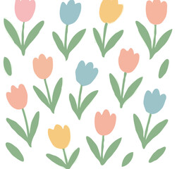 Obraz premium Pastel-colored tulips arranged in a cheerful, repeating pattern on a white background.