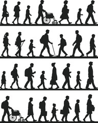 Silhouette illustration of diverse people walking, families with children, seniors with walkers, daily life, urban crowd vector scene