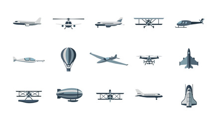 Diverse Collection of Flat Design Aircraft and Air Vehicles