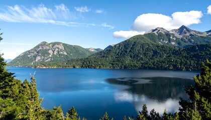 Obraz premium Panoramic view of a serene lake nestled amongst towering mountains