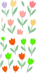 Colorful, stylized illustration featuring various tulips against a white background.