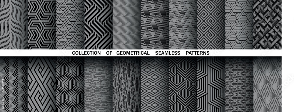 Poster geometric set of seamless black and gray patterns. simple vector graphics