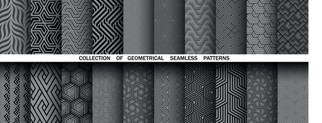 Geometric set of seamless black and gray patterns. Simple vector graphics