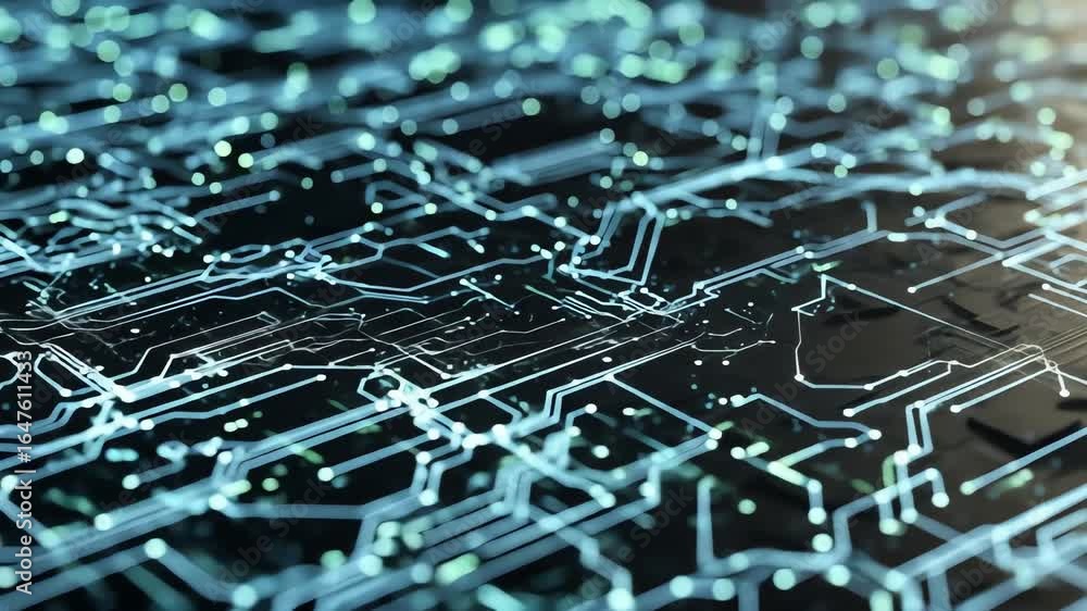 Poster illuminated circuit board traces with glowing bokeh lights