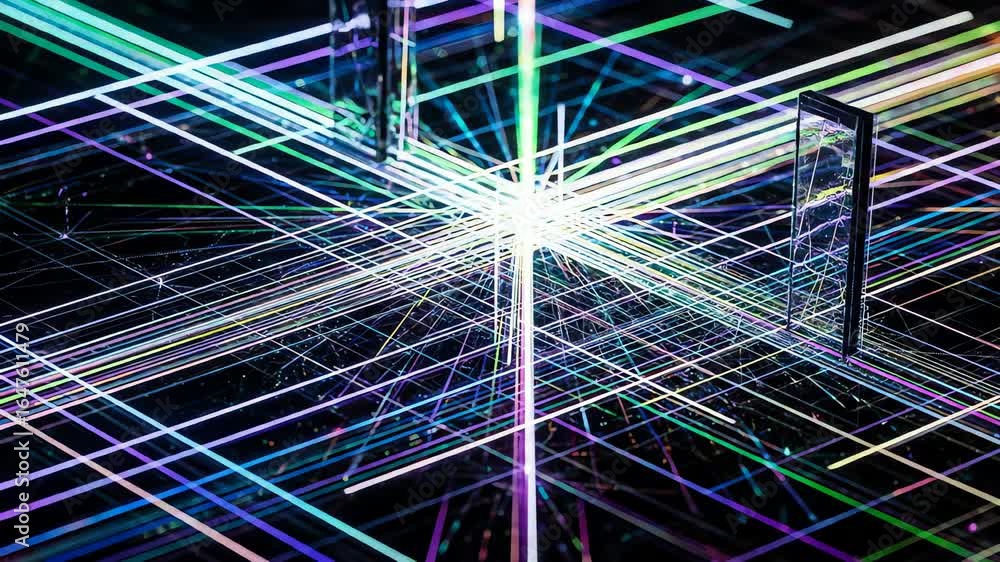 Aufkleber intersecting neon light beams in a dark void with reflective surfaces