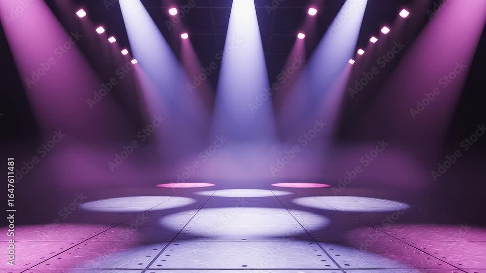 Poster empty stage with vibrant pink and purple spotlights illuminating circular light patterns on floor in