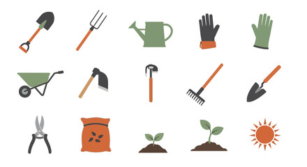 Flat Icons of Various Gardening Tools and Supplies
