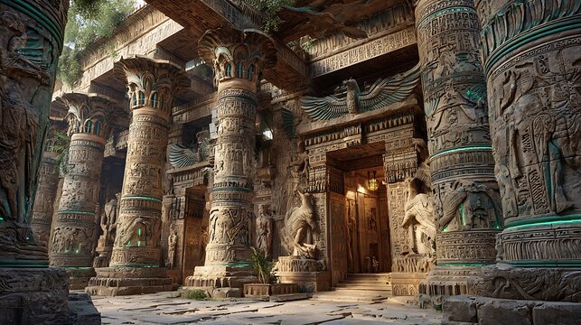 Sacred robotic figures carved into ancient pillars with glowing green lines