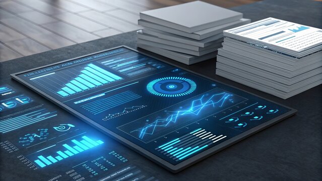 Futuristic digital dashboard with financial charts