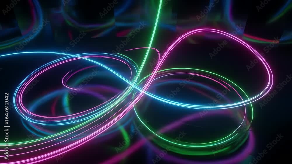 Poster neon light trails in infinity loop shapes on dark background